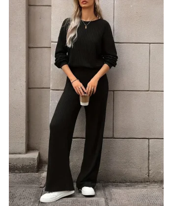 Kadın Uzun Kollu Bisiklet Yaka şardonlu Dalgıç Bluz Ve Pantolon Ikili Takım