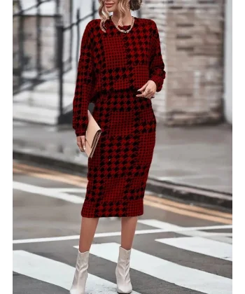 Kadın Uzun Kollu Bisiklet Yaka şardonlu Dalgıç Bluz Ve Yırtmaçlı Midi Etek Takım