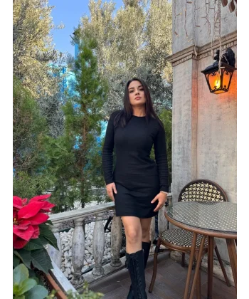 Kadın Uzun Kollu Bisiklet Yaka şardonlu Kalın Fitilli Kaşkorse Mini Boy Elbise