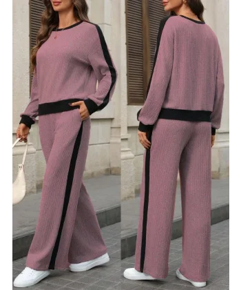 Kadın Uzun Kollu Bisiklet Yaka şardonlu Kaşkorse Bluz Ve Pantolon Ikili Takım