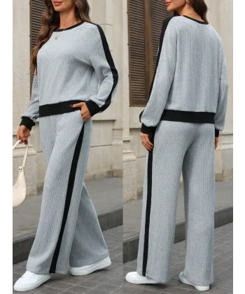 Kadın Uzun Kollu Bisiklet Yaka şardonlu Kaşkorse Bluz Ve Pantolon Ikili Takım