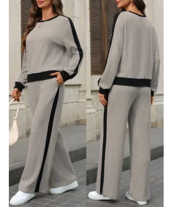 Kadın Uzun Kollu Bisiklet Yaka şardonlu Kaşkorse Bluz Ve Pantolon Ikili Takım