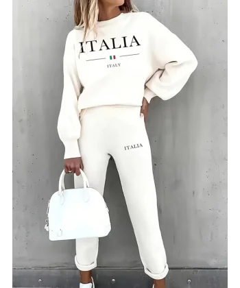 Kadın Uzun Kollu Bisiklet Yaka şardonlu üç Iplik Bluz Ve Pantolon Ikili Takım