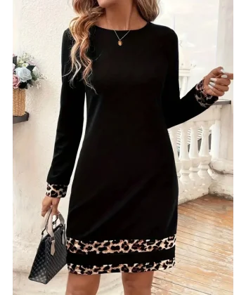 Kadın Uzun Kollu Bisiklet Yaka şerit Leopar Desenli Dalgıç Elbise