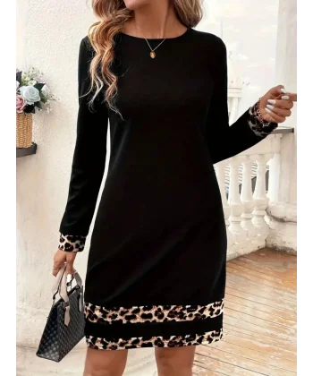 Kadın Uzun Kollu Bisiklet Yaka şerit Leopar Desenli Kısa Dalgıç Elbise