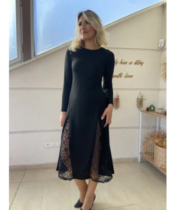 Kadın Uzun Kollu Bisiklet Yaka Sırt Dekolteli Dantel Yırtmaçlı Uzun Krep Elbise