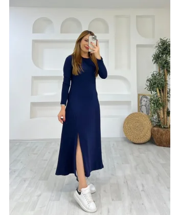 Kadın Uzun Kollu Bisiklet Yaka Size Kadar Yırtmaç Detay Maxi Boy Elbise