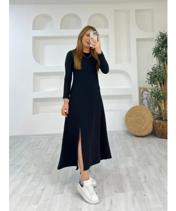 Kadın Uzun Kollu Bisiklet Yaka Size Kadar Yırtmaç Detay Maxi Boy Elbise