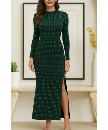 Kadın Uzun Kollu Bisiklet Yaka Taşlı Midi Kadife Elbise