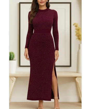 Kadın Uzun Kollu Bisiklet Yaka Taşlı Midi Kadife Elbise