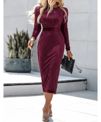 Kadın Uzun Kollu Bisiklet Yaka Taşlı Midi Kadife Elbise