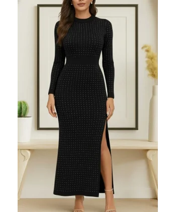 Kadın Uzun Kollu Bisiklet Yaka Taşlı Midi Kadife Elbise