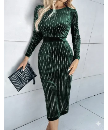 Kadın Uzun Kollu Bisiklet Yaka Taşlı Midi Kadife Elbise