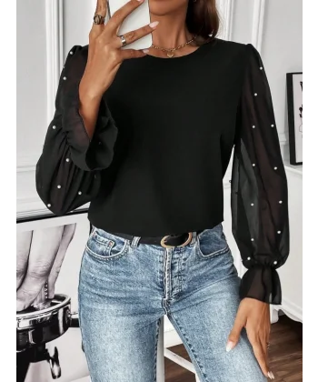 Kadın Uzun Kollu Bisiklet Yaka Tül Detaylı Incili Ithal Krep Bluz