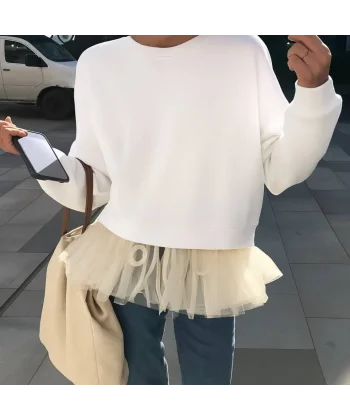 Kadın Uzun Kollu Bisiklet Yaka Tül Volan Detay üç Iplik Sweat