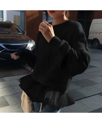 Kadın Uzun Kollu Bisiklet Yaka Tül Volan Detay üç Iplik Sweat