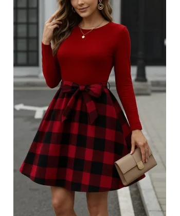 Kadın Uzun Kollu Bisiklet Yaka üst Viskon Alt Ekose Kısa Elbise