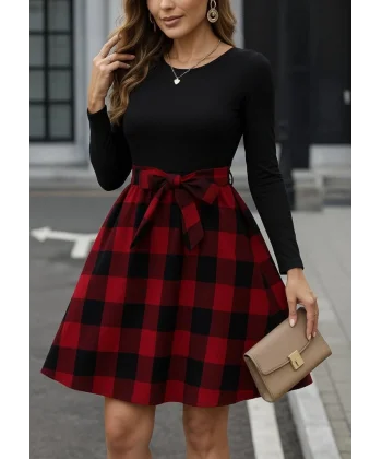 Kadın Uzun Kollu Bisiklet Yaka üst Viskon Alt Ekose Kısa Elbise