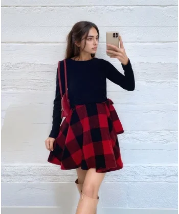 Kadın Uzun Kollu Bisiklet Yaka üst Viskon Alt Ekose Kısa Elbise