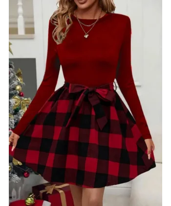 Kadın Uzun Kollu Bisiklet Yaka üst Viskon Alt Ekose Kısa Elbise