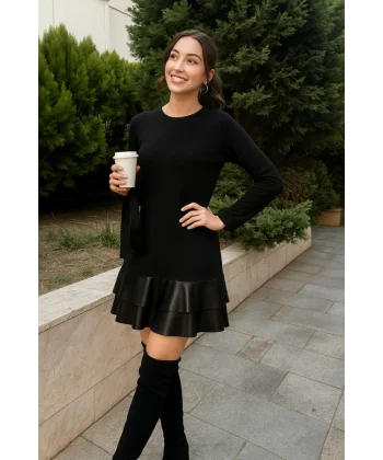 Kadın Uzun Kollu Bisiklet Yaka üst Viskon Etek Ucu Deri Kısa Elbise