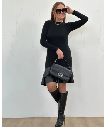 Kadın Uzun Kollu Bisiklet Yaka üst Viskon Etek Ucu Deri Kısa Elbise