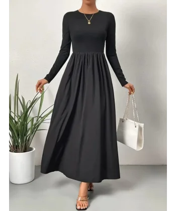 Kadın Uzun Kollu Bisiklet Yaka Uzun üst Viskon Alt Trikoton Elbise