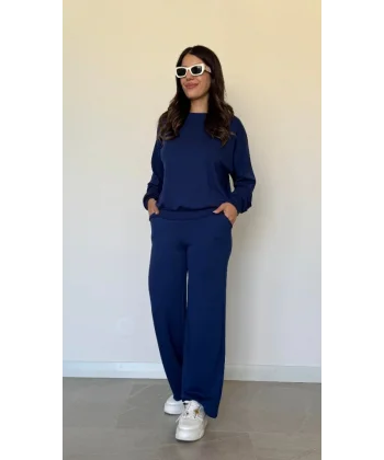 Kadın Uzun Kollu Bisiklet Yaka Viskon Iki Iplik Bluz Ve Pantolon Ikili Takım