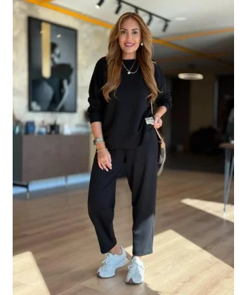 Kadın Uzun Kollu Bisiklet Yaka Viskon Iki Iplik Bluz Ve Pantolon Ikili Takım