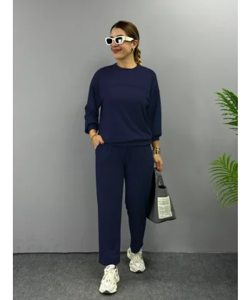 Kadın Uzun Kollu Bisiklet Yaka Viskon Iki Iplik Bluz Ve Pantolon Ikili Takım