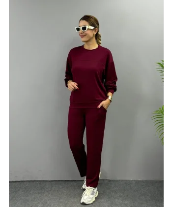 Kadın Uzun Kollu Bisiklet Yaka Viskon Iki Iplik Bluz Ve Pantolon Ikili Takım