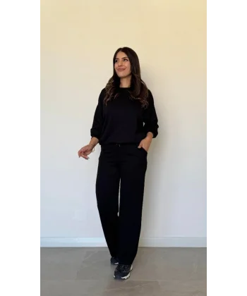 Kadın Uzun Kollu Bisiklet Yaka Viskon Iki Iplik Bluz Ve Pantolon Ikili Takım