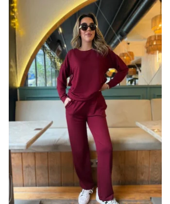 Kadın Uzun Kollu Bisiklet Yaka Viskon Iki Iplik Bluz Ve Pantolon Ikili Takım