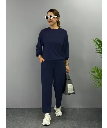 Kadın Uzun Kollu Bisiklet Yaka Viskon Iki Iplik Bluz Ve Pantolon Ikili Takım