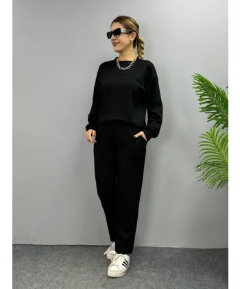 Kadın Uzun Kollu Bisiklet Yaka Viskon Iki Iplik Bluz Ve Pantolon Ikili Takım