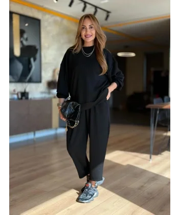 Kadın Uzun Kollu Bisiklet Yaka Viskon Iki Iplik Bluz Ve Pantolon Ikili Takım
