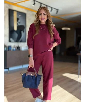 Kadın Uzun Kollu Bisiklet Yaka Viskon Iki Iplik Bluz Ve Pantolon Ikili Takım