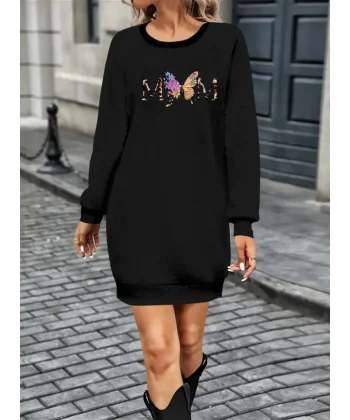 Kadın Uzun Kollu Bisiklet Yaka Viskon Iki Iplik Elbise