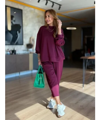 Kadın Uzun Kollu Bisiklet Yaka Viskon Iki Iplik Mor Bluz Ve Pantolon Ikili Takım