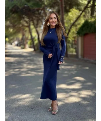 Kadın Uzun Kollu Bisiklet Yaka Yandan Bağlamalı Uzun Modal Elbise