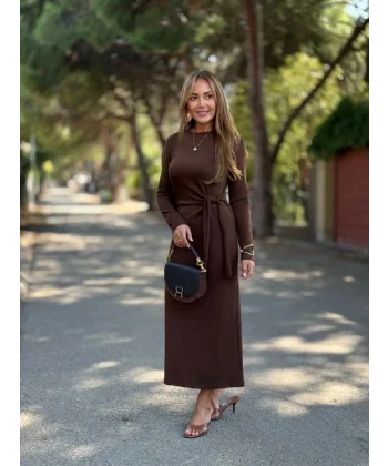 Kadın Uzun Kollu Bisiklet Yaka Yandan Bağlamalı Uzun Modal Elbise