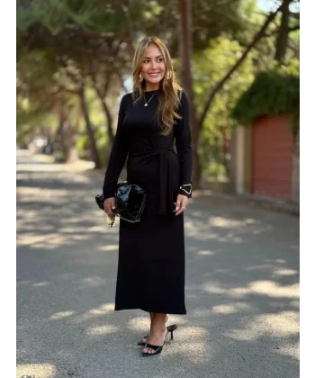 Kadın Uzun Kollu Bisiklet Yaka Yandan Bağlamalı Uzun Modal Elbise