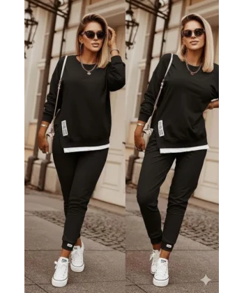 Kadın Uzun Kollu Bisiklet Yaka Yandan Fermuarlı Viskon Iki Iplik Bluz Ve Pantolon Ikili Takım