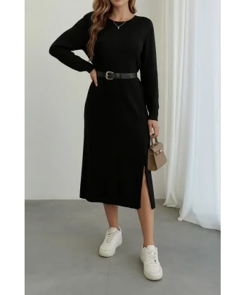 Kadın Uzun Kollu Bisiklet Yaka Yandan Yırtmaçlı Midi Triko Elbise