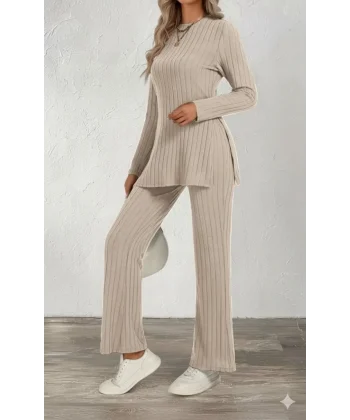 Kadın Uzun Kollu Bisiklet Yaka Yandan Yırtmaçlı şardonlu Kaşkorse Bluz Ve Pantolon Ikili Takım