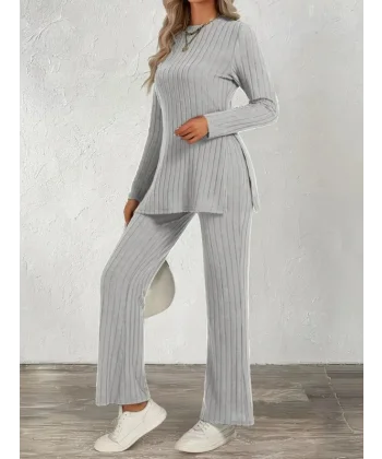 Kadın Uzun Kollu Bisiklet Yaka Yandan Yırtmaçlı şardonlu Kaşkorse Bluz Ve Pantolon Ikili Takım