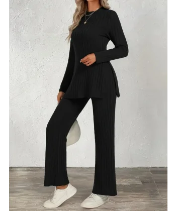 Kadın Uzun Kollu Bisiklet Yaka Yandan Yırtmaçlı şardonlu Kaşkorse Bluz Ve Pantolon Ikili Takım