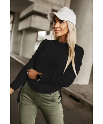 Kadın Uzun Kollu Bisiklet Yaka Yanları Ve Kolları Büzgülü Kadife Bluz