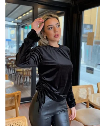 Kadın Uzun Kollu Bisiklet Yaka Yanları Ve Kolları Büzgülü Kadife Bluz