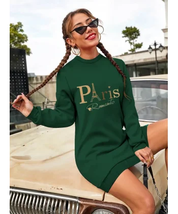 Kadın Uzun Kollu Bisiklet Yaka Yazılı Kısa Viskon Iki Iplik Elbise